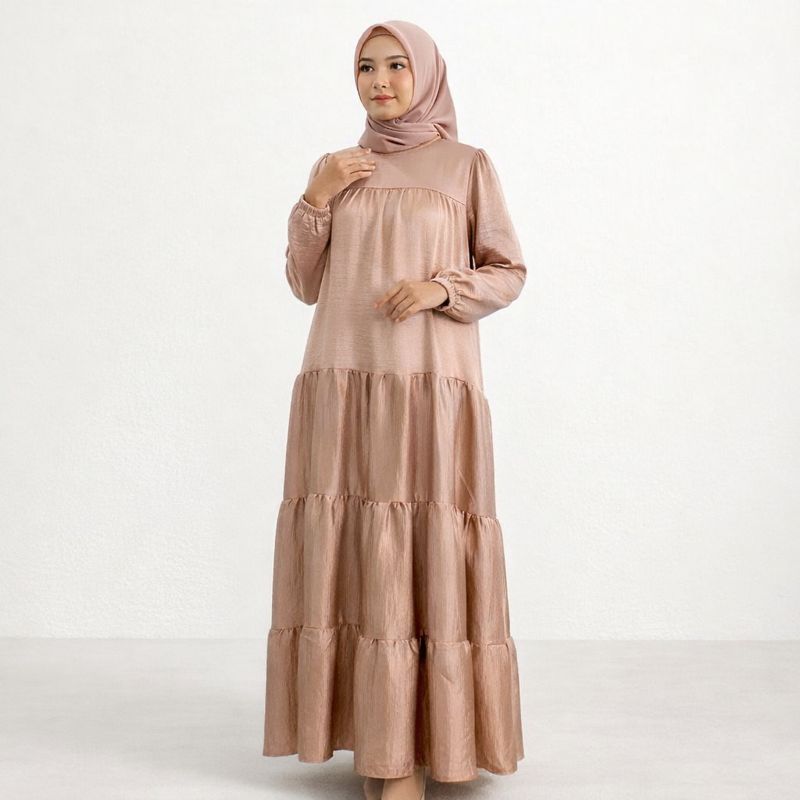 Gamis Shine Shimmer Silk แขนยืดหยุ่นธรรมดาชุดสตรีมุสลิมสีขาวหัก