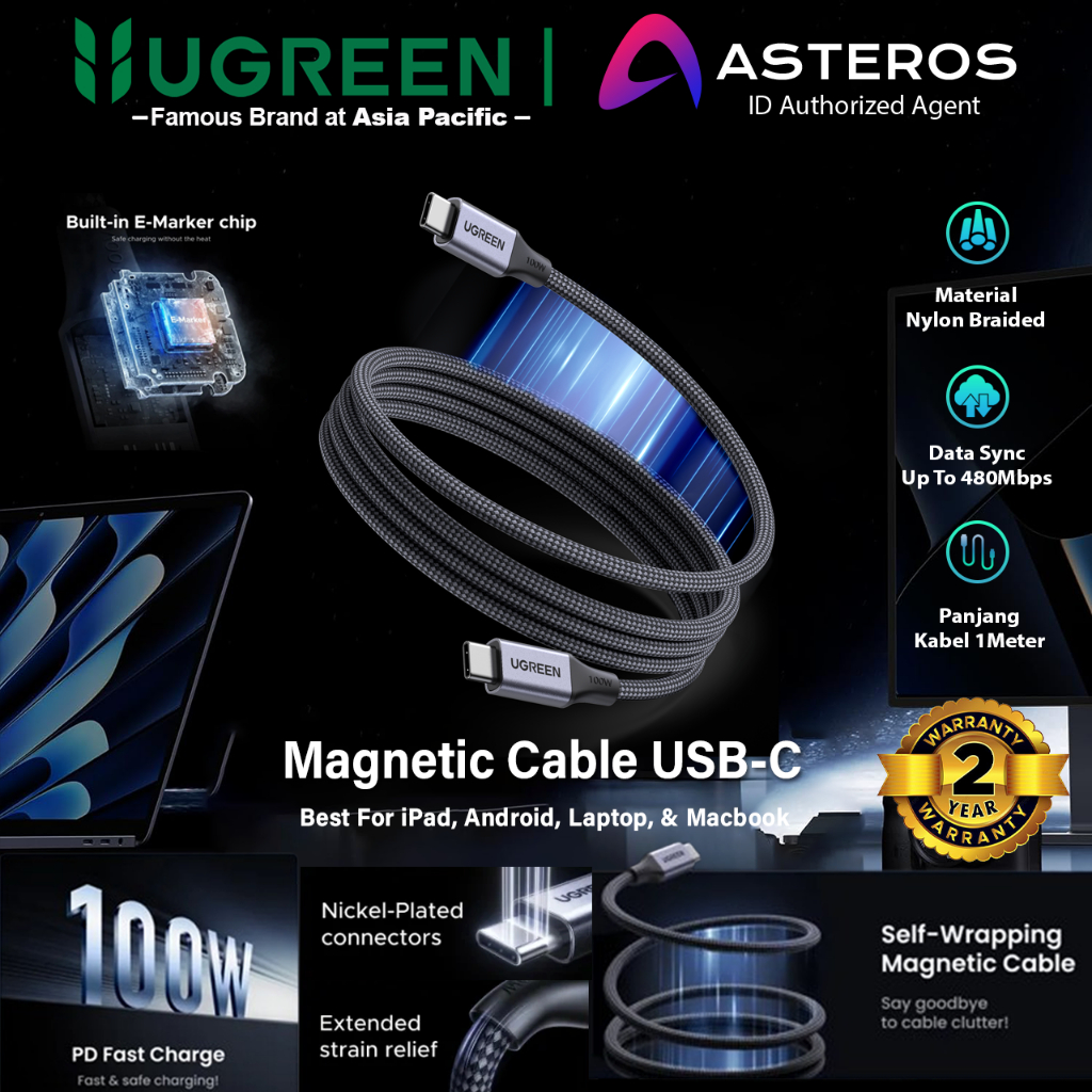 UGREEN PD Cable Type C To Type C Magnetic Self-Wrapping Fast Charging 5A Max 100W 240W