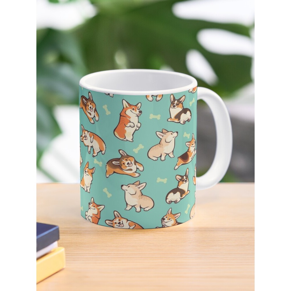 แก้วมัค Jolly corgis ในแก้วกาแฟสีเขียว