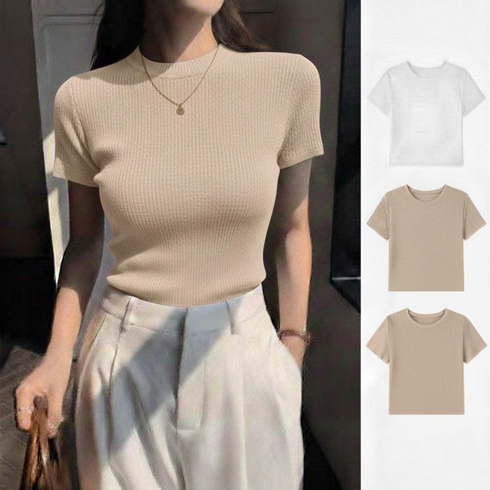 PLATINUM WORLD เสื้อยืด Top Knit Regular Plain O Neck Fit Body - เสื้อยืดสีพื้นผู้หญิง N7