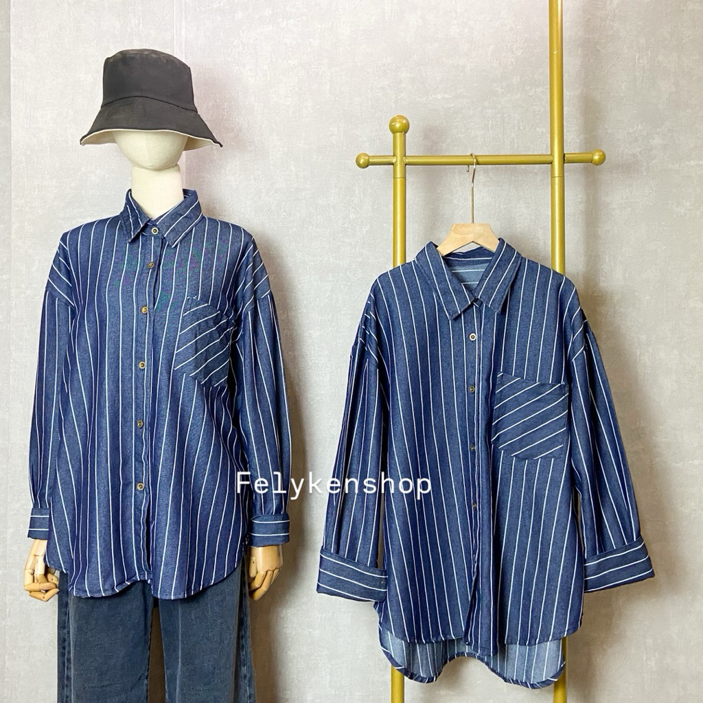 Felykenshop - เสื้อเชิ้ตผ้าเดนิมแถบ รหัส Mt 8444