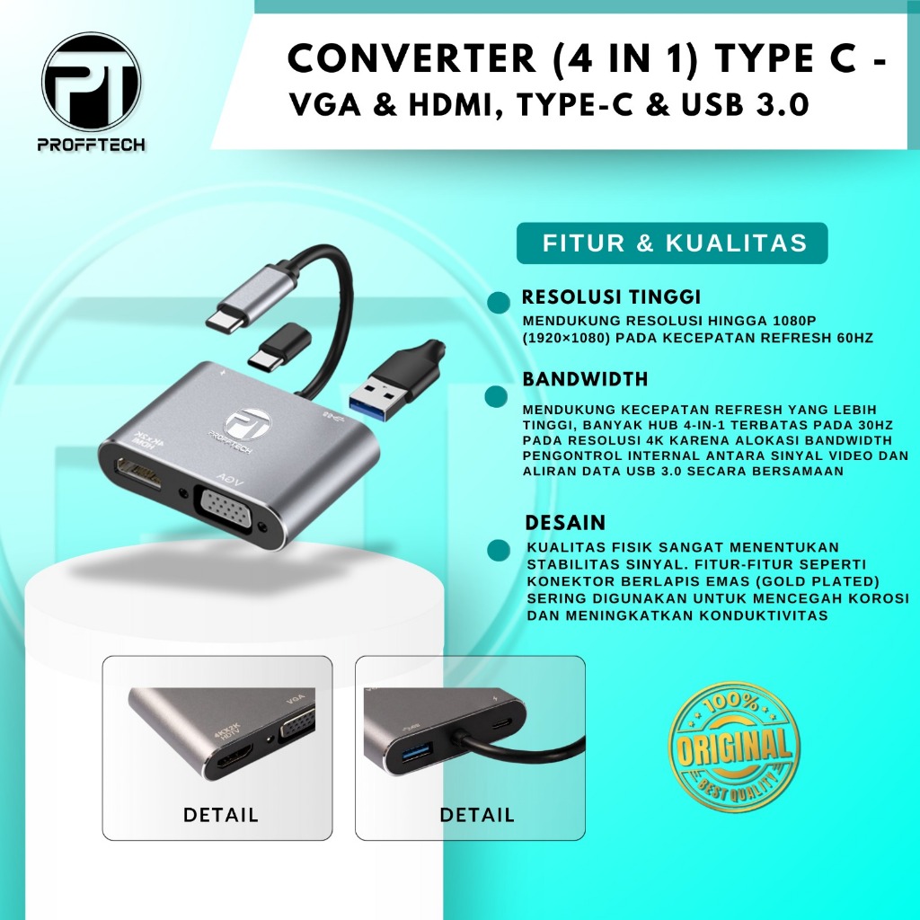 PROFFTECH - Type C เป็น Hdmi, Vga, Usb, ตัวแปลง Type C (4 in 1)