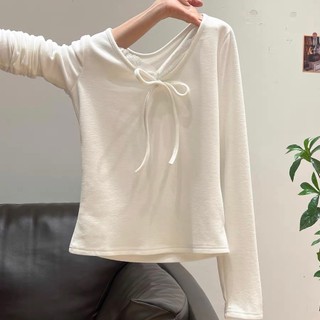Putih kaos lengan panjang wanita korean style white V-neck T-shirt vintage slim-fit top Atasan renda bertali Baju potongan premium