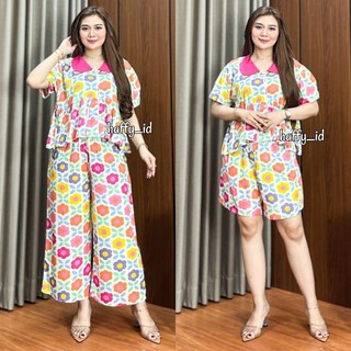 Avika Setelan wanita Bahan Rayon Premium Oneset Atasan Ruffel Celana Panjang dan Pendek Jumbo Model Kekinian