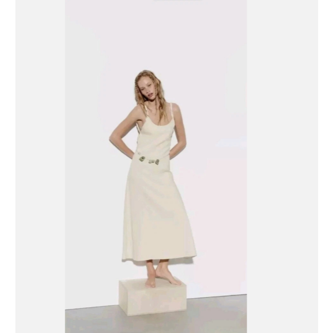 ZARA LINEN BLEND MIDI DRESS ECRU