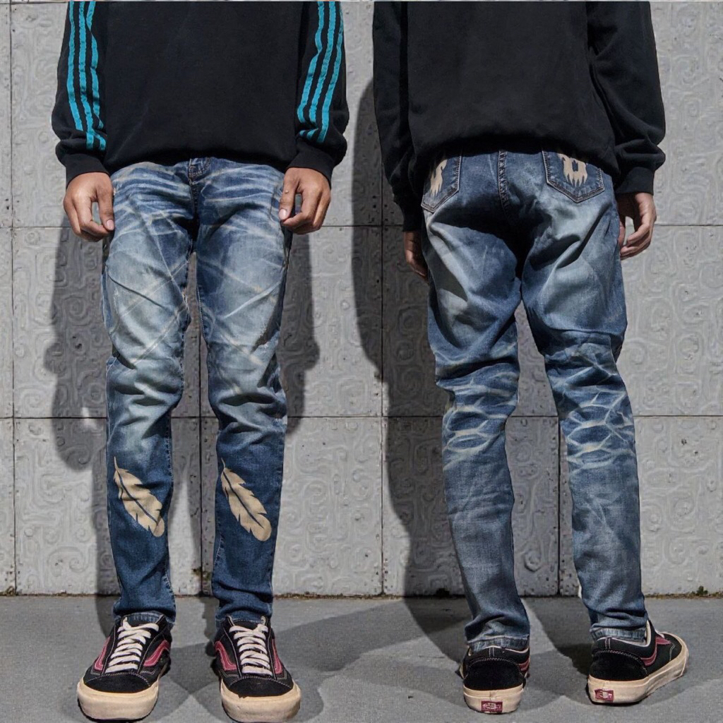 ขนาด 28 Longpants กางเกงยีนส์ 2Weeks Blue Washed Falling Skull Skinny CJ86A