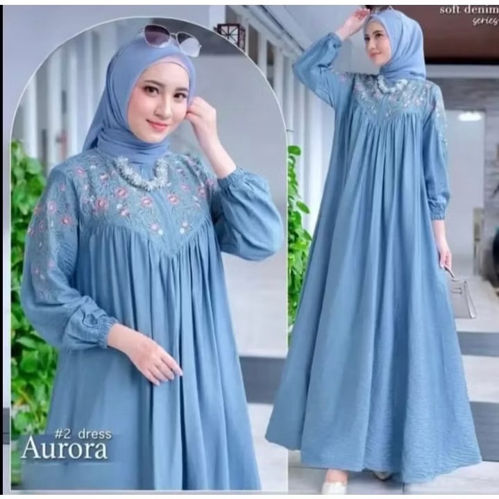 AURORA DRESS Long Crinkle Airflow ปักรอบคอ Maxi DRESS สําหรับผู้หญิง Eid