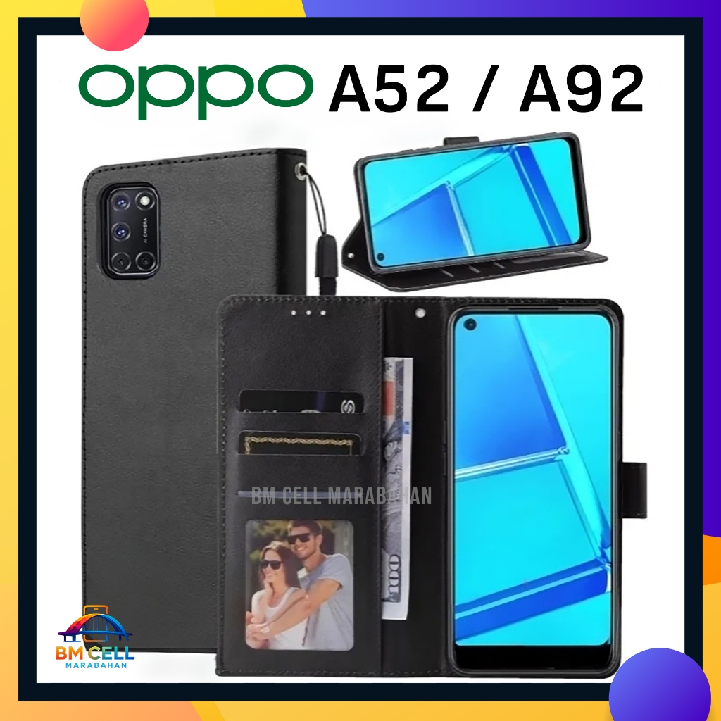 OPPO A52 A92 Premium Leather Softcase Wallet Case Magnetic Card Slot Stand Full Protection