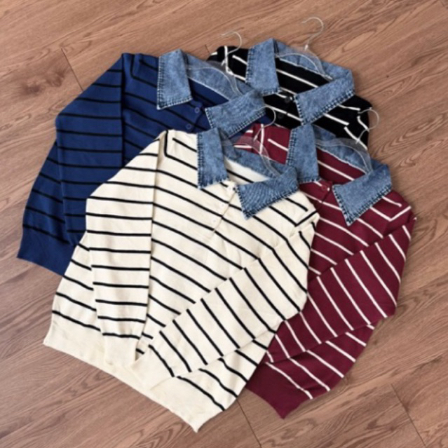 KNIT MIX COLLAR JEANS STRIPE