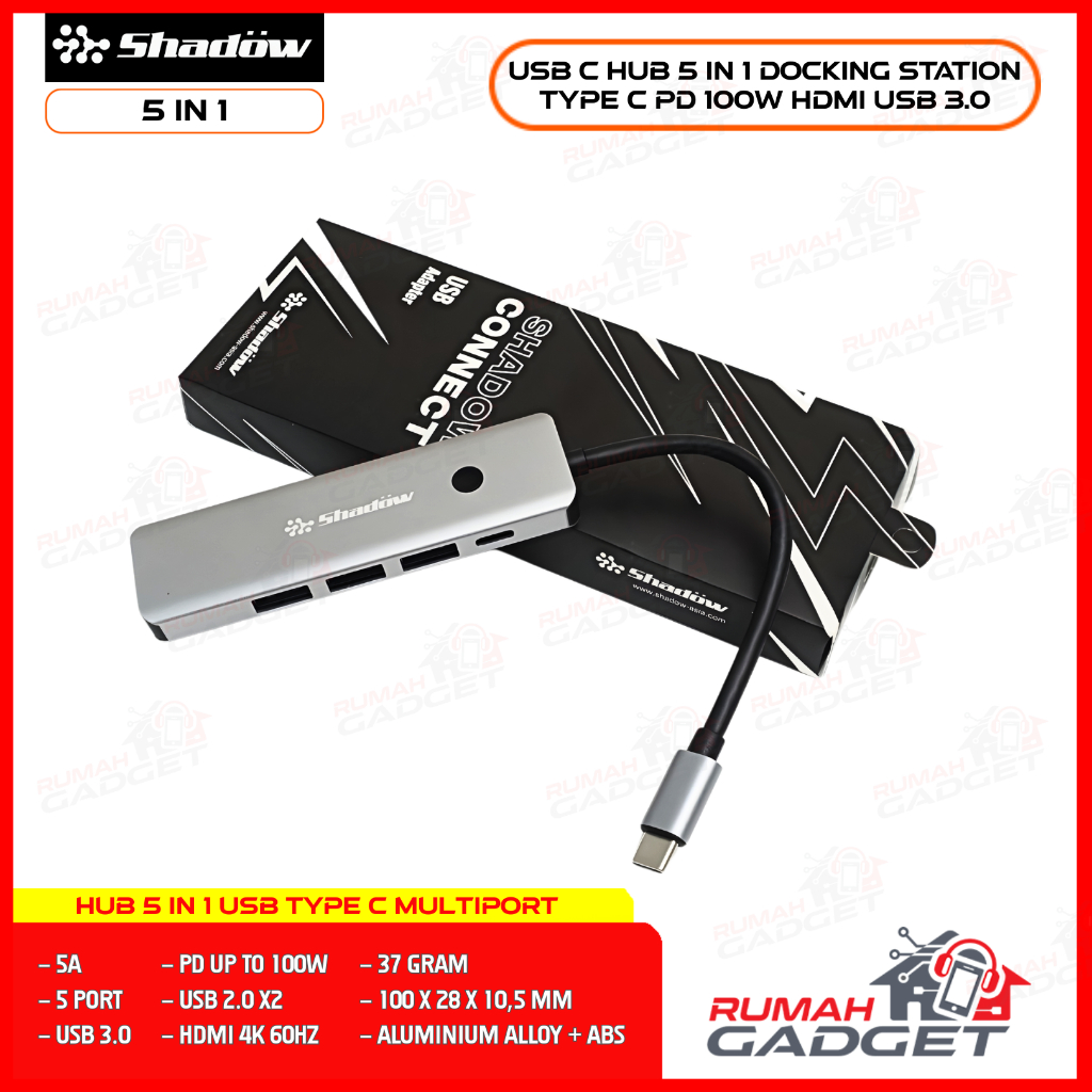 Shadow HUB 5 in 1 Docking Station – USB Type-C Hub – Power Delivery 100W – HDMI 4K USB 3.0