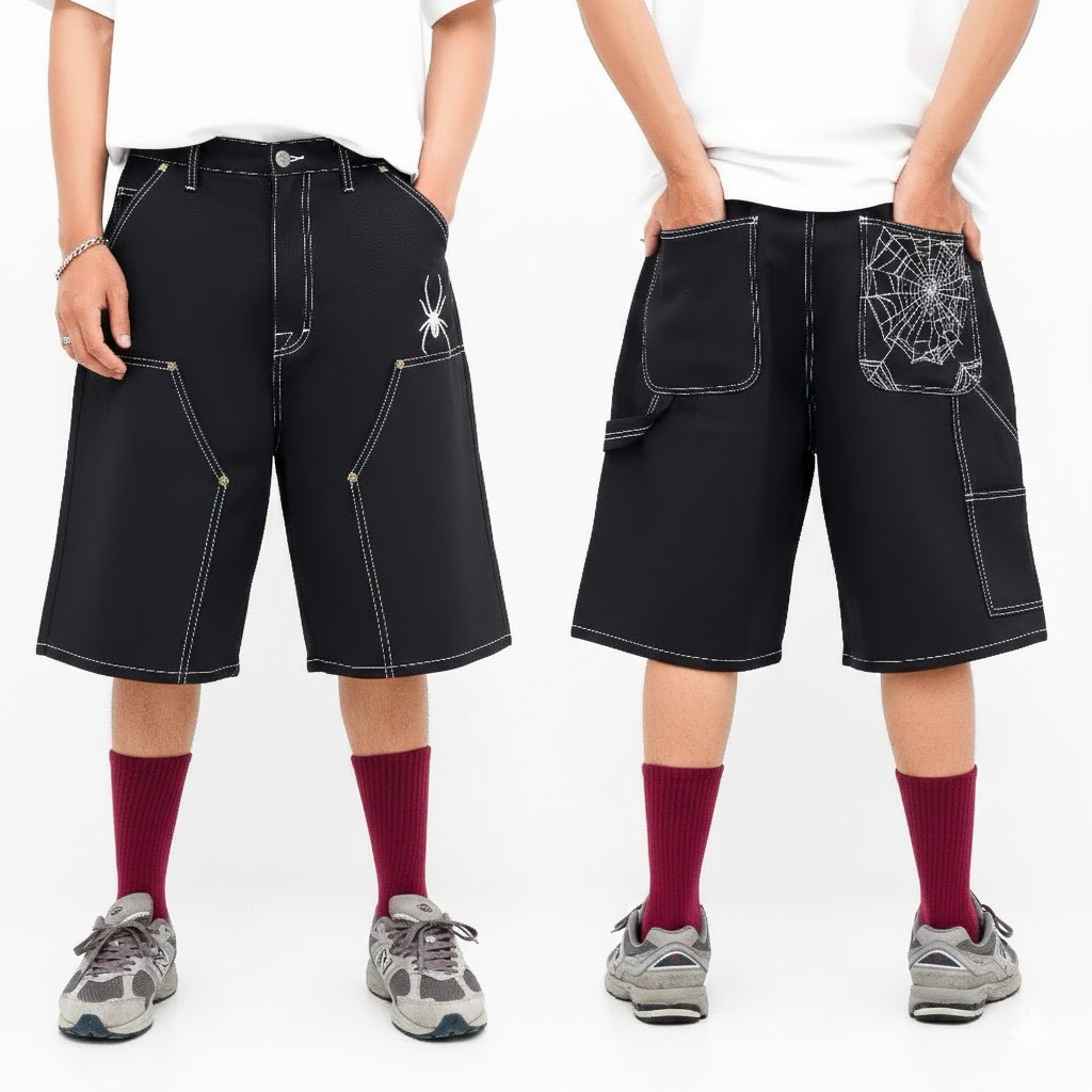 กางเกงขาสั้นสีดํา Jorts Y2K พร้อมกางเกงขาสั้นสีดําและกางเกงขาสั้นสีขาว Motif