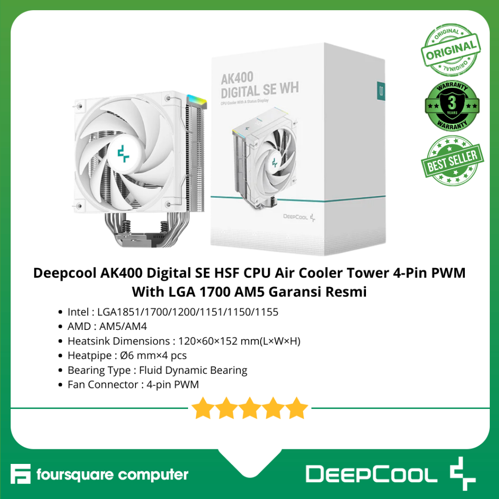 Deepcool AK400 Digital SE HSF CPU Air Cooler Tower 4-Pin PWM พร้อม LGA 1700 AM5 รับประกันอย่างเป็นทา