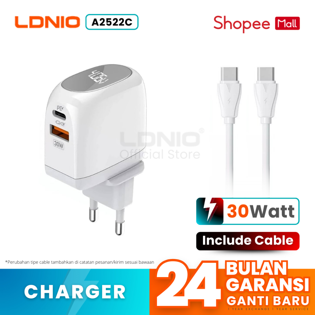 LDNIO A2522C Adapter Charger 30W จอแสดงผล LED PD+QC3.0 Fast Charger