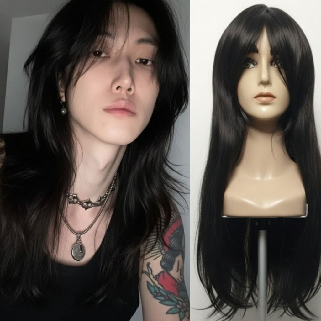 KOREAN MENS WIG LONG STRAIGHT HAIR 50 CM LONG WOLFTAIL รุ่น PREMIUM SYNTHETIC รหัส LONG Mullet