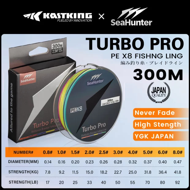 [OFFICIAL]KASTKING x SeaHunter Turbo Pro PE สายตกปลา X8 300M สายตกปลาแบบถักสีสันสดใส แรงดึง 7.8 กก.–