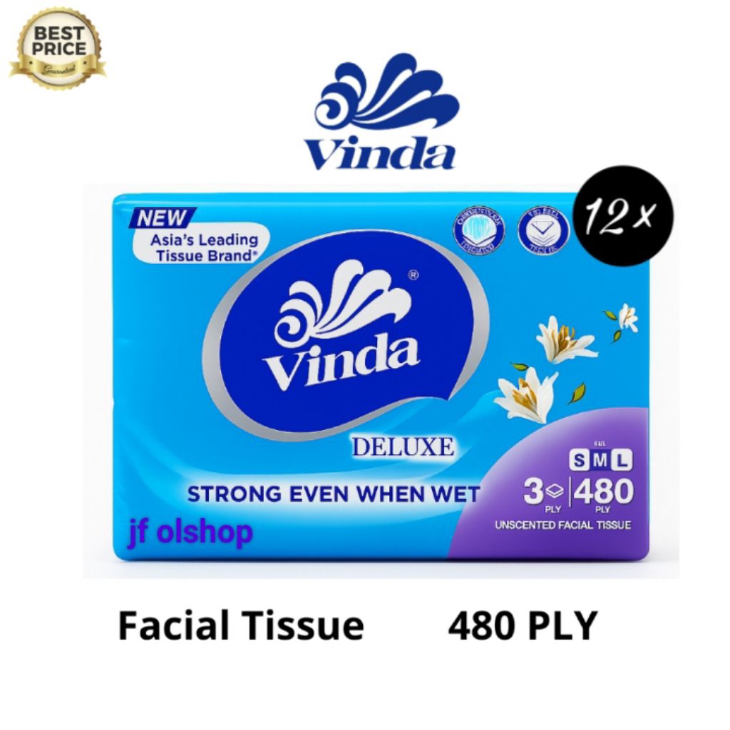 | 12ชิ้น | Vinda deluxe M face soft Pack 480ply ทิชชู่ 3 ชั้น - กระดาษเช็ดหน้า mini Pack