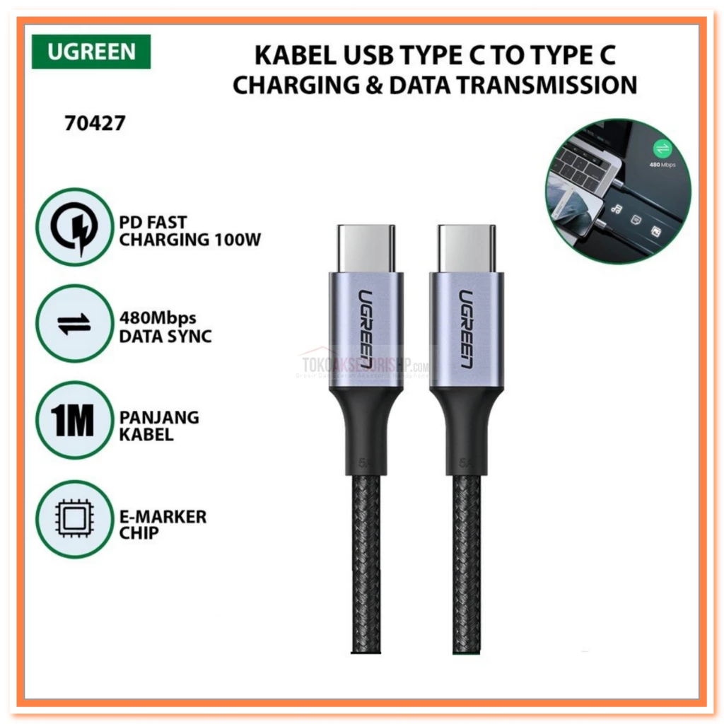 Ugreen 70427 สายชาร์จไนลอน Type C ถึง Type C ชาร์จเร็ว 100W - ของแท้