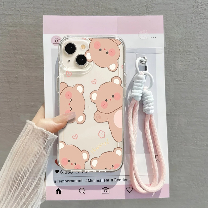 [ เคส+สายรัดรองรับ] เคสใสเคลือบเงาการ์ตูนลายสําหรับOppo A15 A16 EK A17 K A18 A3S A39 A31 A38 A3 PRO 