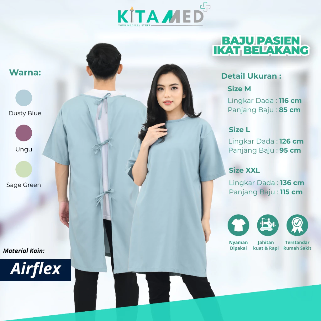 KATUN KITAMED JKT เสื้อผ้าผู้ป่วยมีผูกหลัง ประหยัด ผ้าฝ้าย ใส่สบาย มัลติฟังก์ชั่น ส่งทันทีสําหรับผู้สูงอายุ หลังผ่าตัด มีให้เลือกหลากหลายสี Dusty Blue Edition