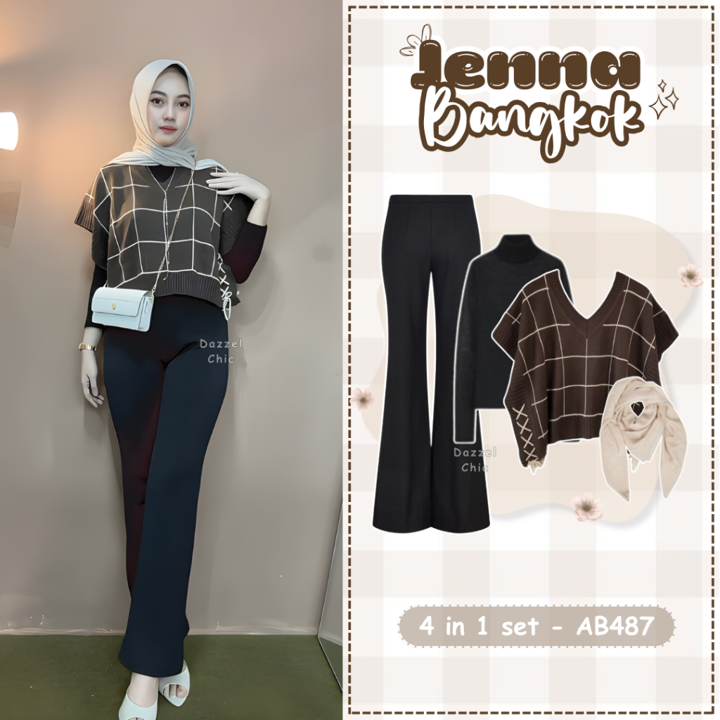 DazzelChic Jenna Vest Crop Top 4in1 Set สไตล์ฮิญาบเกาหลี (Bella Square + Cuff + เสื้อกั๊ก + กางเกง C