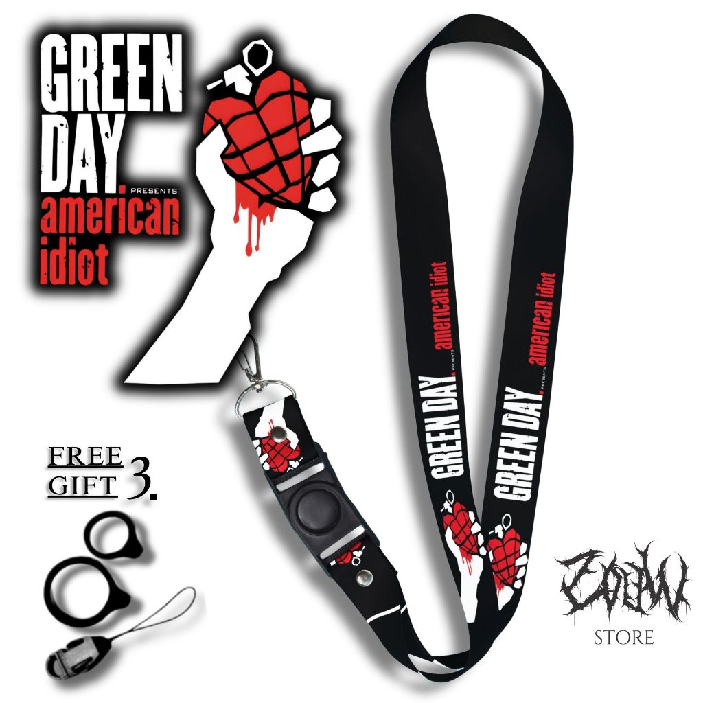 GANTUNGAN MERAH GREEN DAY LANYARD RED Card Holder Case Handphone Key Ring ปรับได้