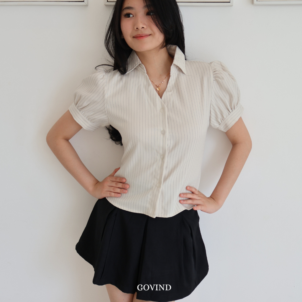 KEMEJA Govid.idn - เสื้อ Nixon Stripe | เสื้อเชิ้ตสตรียืดสั้นพอดีพร้อมแถบยางยืดลําลองคอปกเรียบง่าย