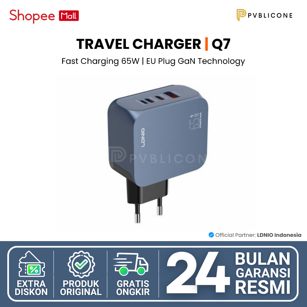 LDNIO Adapter Travel Charger Q7 65W GaN Technology USB + 3 Type C รองรับ iPhone Super Fast Charge
