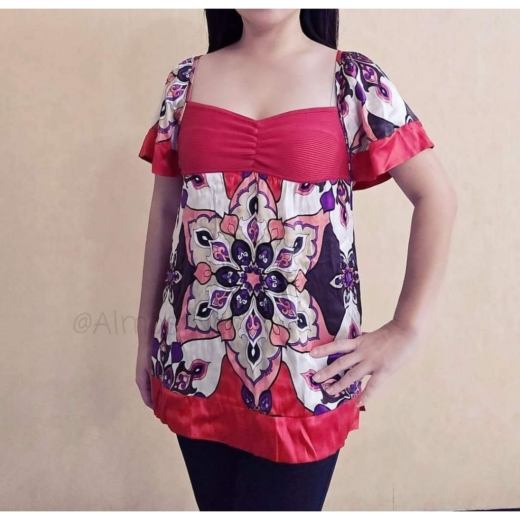 (LT-2412) BEBE Abstract Flowery Top - ส้ม น้ําตาล งาช้าง ~ ORIGINAL