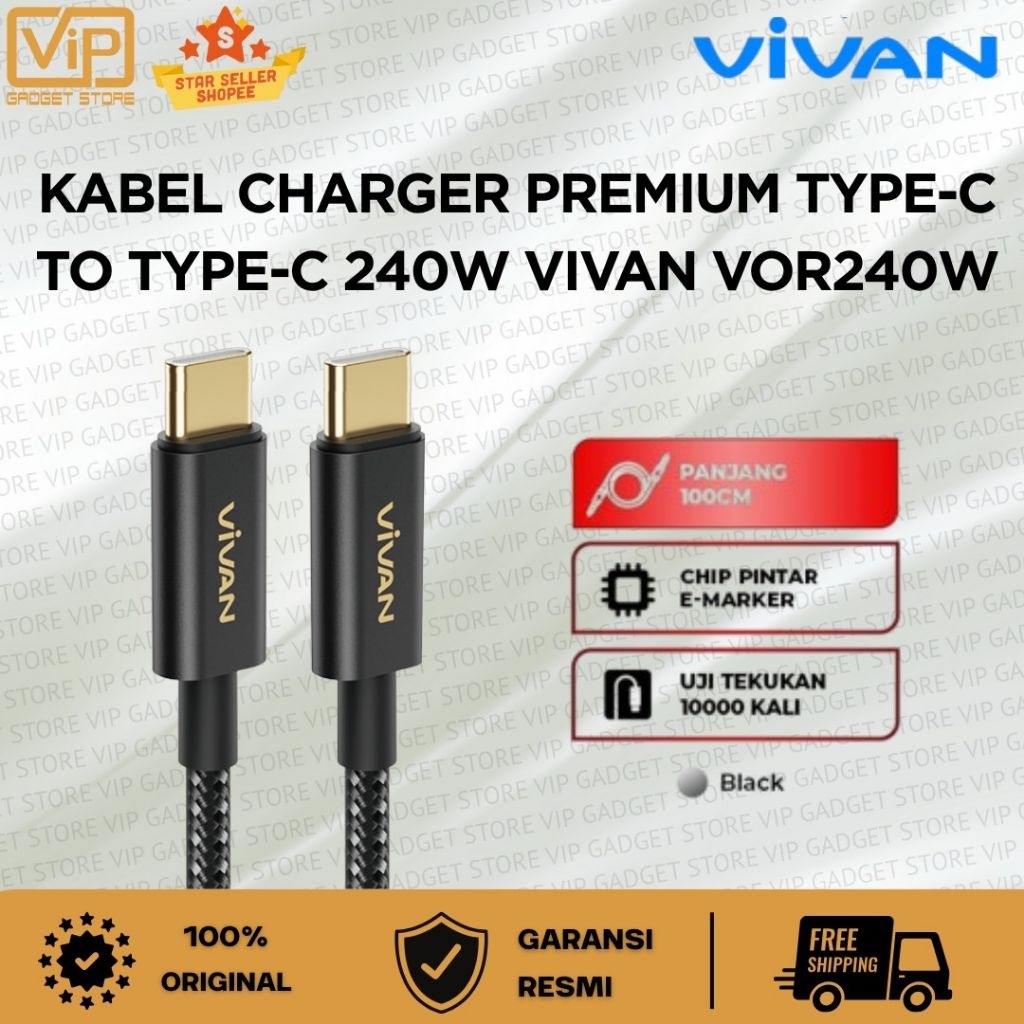 VIVAN VOR240W Type-C to Type-C Premium PD 240W Braided Gold-Plated Data Cable