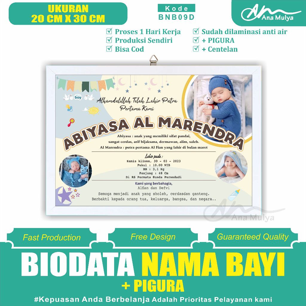 BABY BIRTH BIODATA + PICTURE SIZE 10RS 20 CM X 30 CM ANA MULYA BNB09