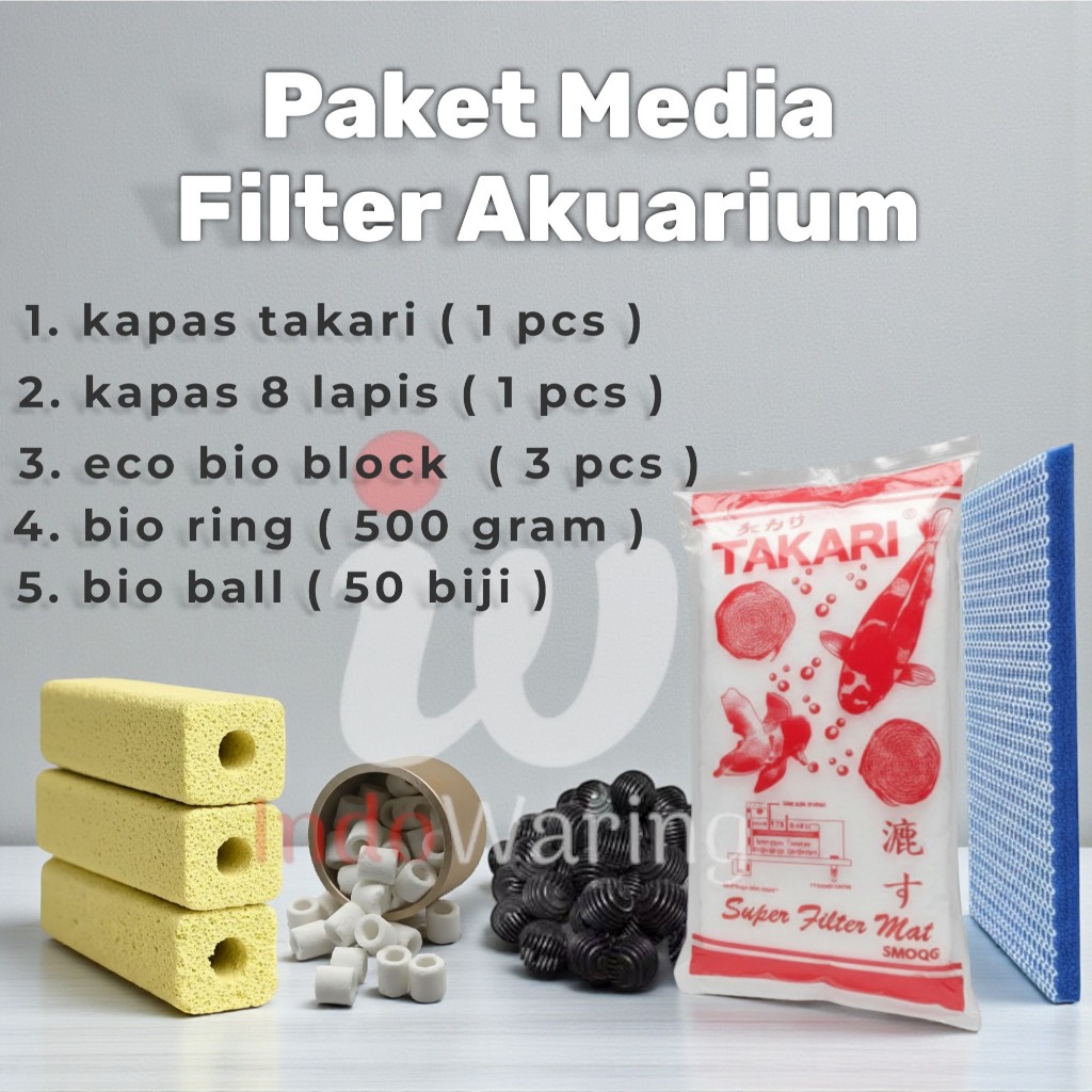 แพ็คเกจสื่อกรองตู้ปลาครบชุด Takari Bio Ring Cotton Bio Ball Eco Bio Block