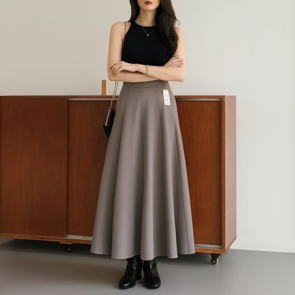 Audy Skrit – กระโปรงต่อต้านริ้วรอยแม็กซี่ Skrit แบบหลวมของเกาหลี – กระโปรงบานผู้หญิง