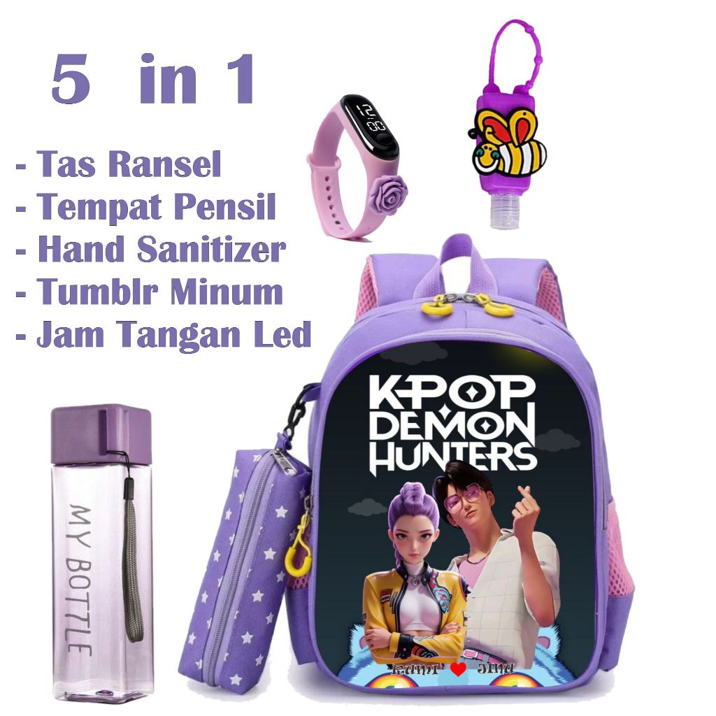 กระเป๋าเป้สะพายหลังโรงเรียนอนุบาลและประถมศึกษาพร้อม RUMI & JINU KPOP DEMON HUNTERS ภาพตัวละครระดับพรีเมียม