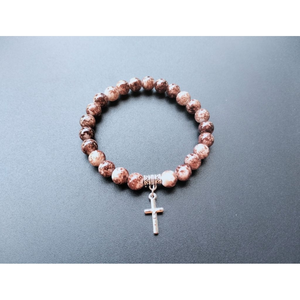 G789 HEAVY PEARL CROSS BRACELET CRYSTAL GLASS NATURAL STONE MOTIF 8MM PREMIUM CATHOLIC