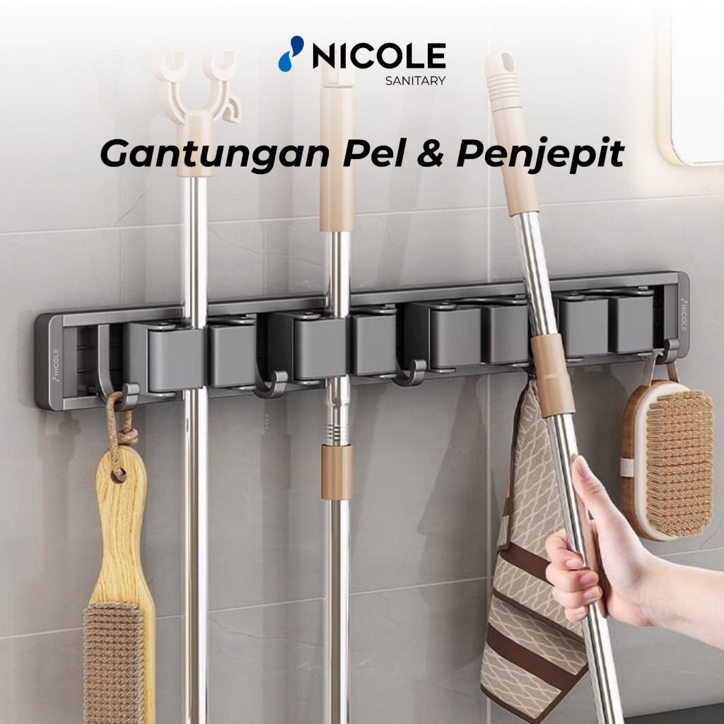 GANTUNGAN Nicole Mop & Broom Holder Clip & Hanger โดยไม่ต้องเจาะกาว Mop & Broom Holder