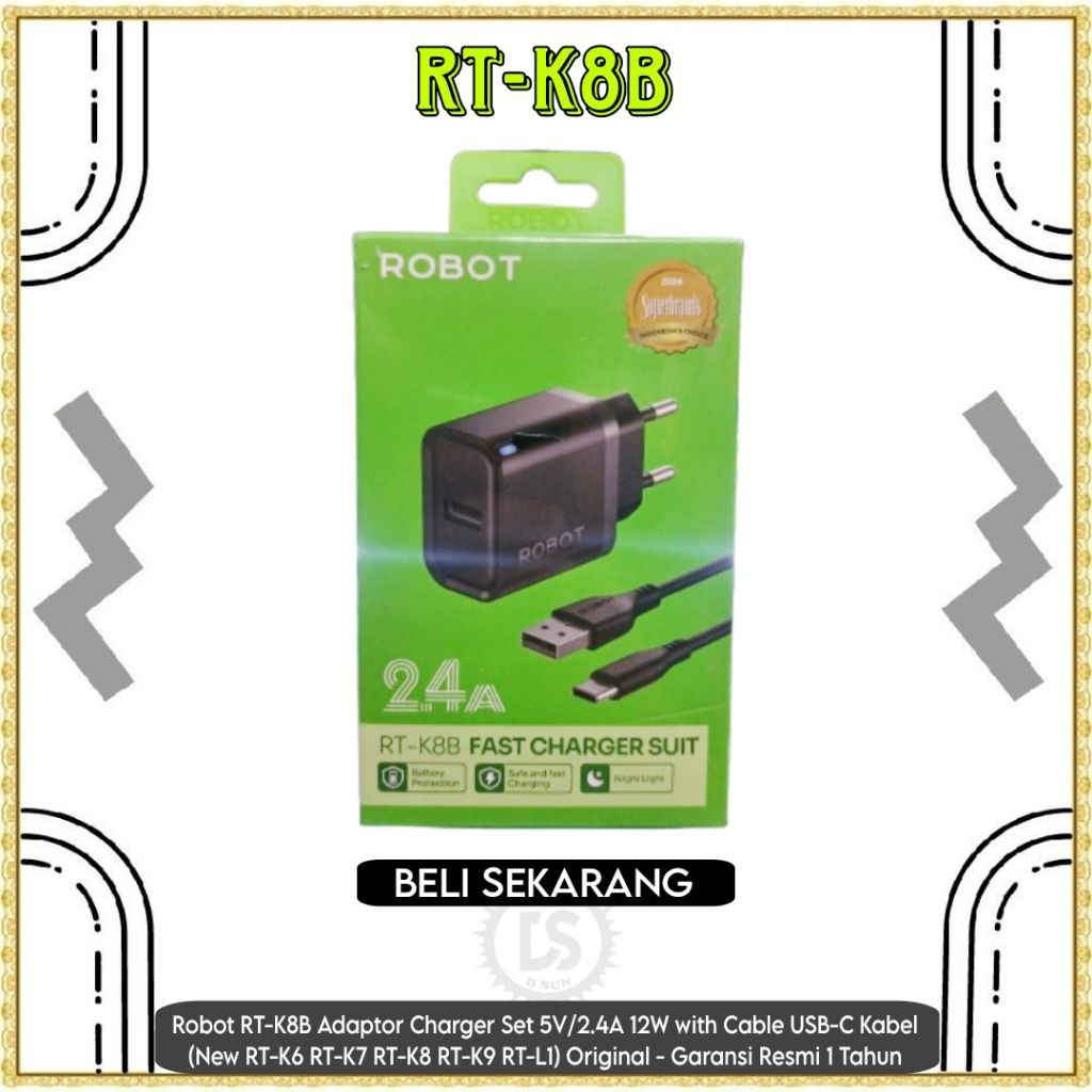 Robot RT-K8B Adapter Charger Set 5V/2.4A 12W พร้อมสาย USB-C สาย (ใหม่ RT-K6 RT-K7 RT-K8 RT-K9 RT-L1)