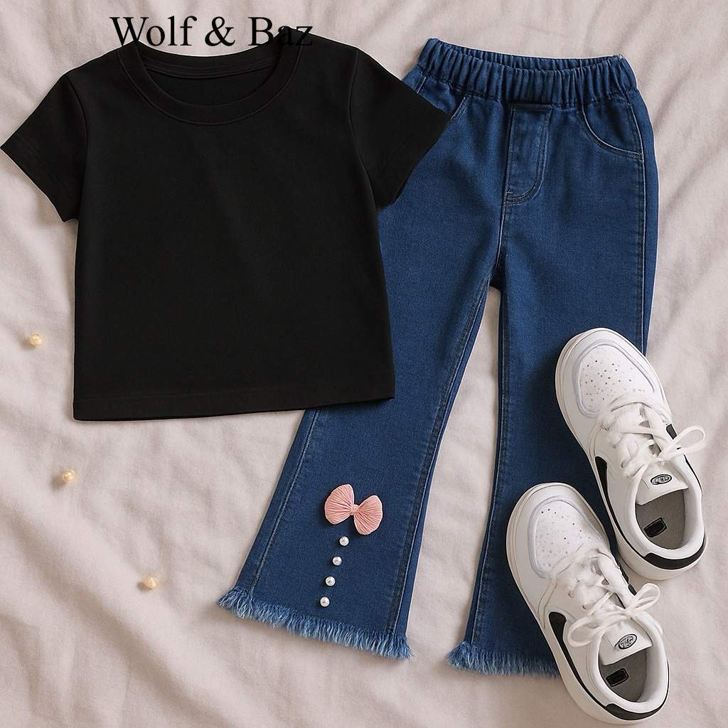 ชุดเสื้อผ้าเด็กผู้หญิง Wolf & Baz อายุ 1–10 ปี | เสื้อยืดเด็กธรรมดา & Rawis Cutbray Jeans