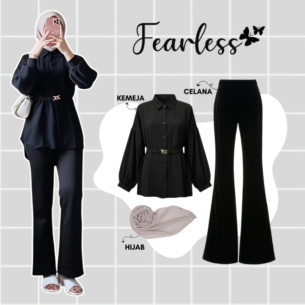 KEMEJA One Set Clean Look / Chain Crinckle Shirt + กางเกง Cutbray ระดับพรีเมียม + ฮิญาบ Polycotton /