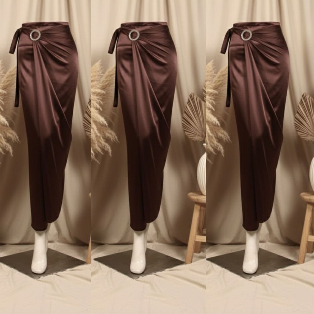 FREE RING Mahogny Brown Setin Wrap Skirt/Satin Wrap Skirt/Premium Velvet Satin Wrap Skirt
