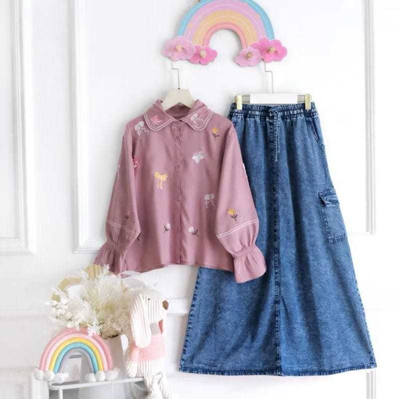 KATUN JENNY KIDS CARGO JEANS SKIRT SET (7 ปี-15 ปี) ปัก Cotton teen Suit // ชุดเด็กปัก // ชุดกระโปรง