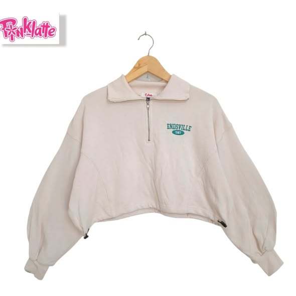 Crewneck Halfzipper Crop Premium Balloon Sleeve Pinklatte Cream-BW (CODE: B121 - 13)