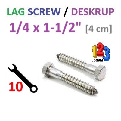 1/4 x 1-1/2" นิ้ว Lag Screw Deskrup Bolt Screw Wood & Fisher Key 10