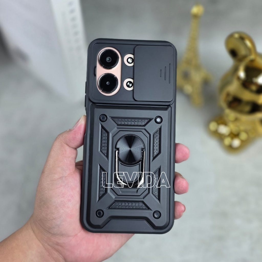 Poco C85 เคส Robot Slide Camera Protect + Ringstand Black Poco C85