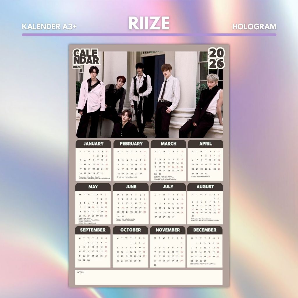 HOLOGRAM 2026 CALENDAR RIZE KPOP UNOFFICIAL SHOTARO SUNGHAN EUNSEOK SEUNGHAN ANTON WONBIN