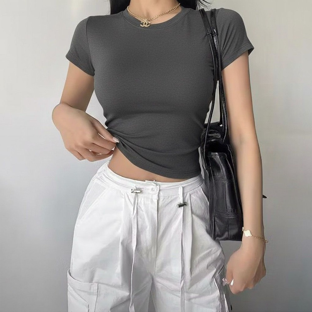 PLATINUM WORLD เสื้อครอปถักธรรมดา O คอ Fit Body - เสื้อเชิ้ตธรรมดาผู้หญิง X2