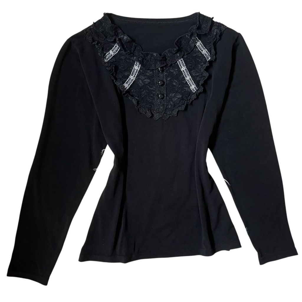 Vintage Lace Victorian Dark Coquette Beaded Grunge Lolita Longsleeves Top | ภายในภายในแขนยาวลูกไม้นุ