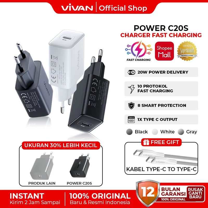 VIVAN Power C20S อะแดปเตอร์ชาร์จหัวชาร์จสําหรับ iPhone / Android ฟรีสาย Type C ถึง Type C 20W