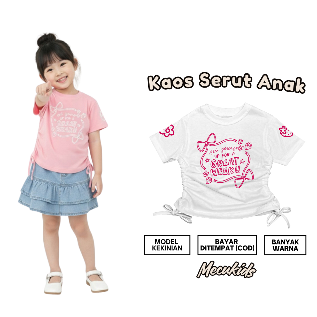 MECUKIDS Crop Drawstring T-Shirt with GREAT WEEK Motif - อายุ 4 5 6 7 8 9 10 11 12 ปี (แขนสั้น) แฟชั