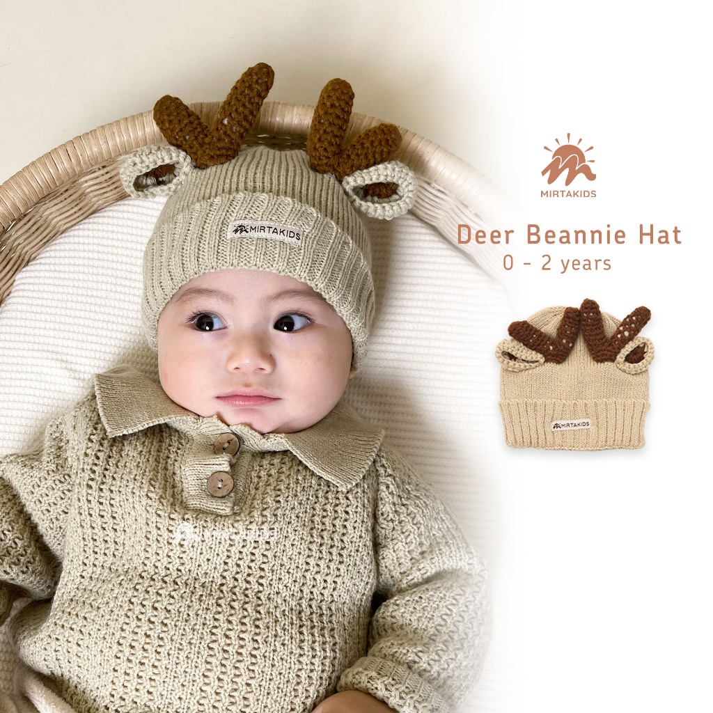 KATUN Mirtakids Deer Beannie Hat (0-2 ปี) | หมวกบีนนี่ผ้าถักพรีเมี่ยมสําหรับเด็กที่มีโมเดลสัตว์กวาง 