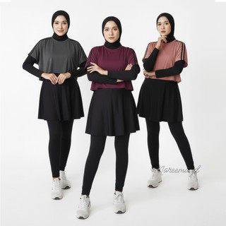 Setelan Olahraga 3 in 1 Crop Legging Rok Manset Baju Sport Muslim Panjang Wanita Senam Lari Yoga Zumba Renang